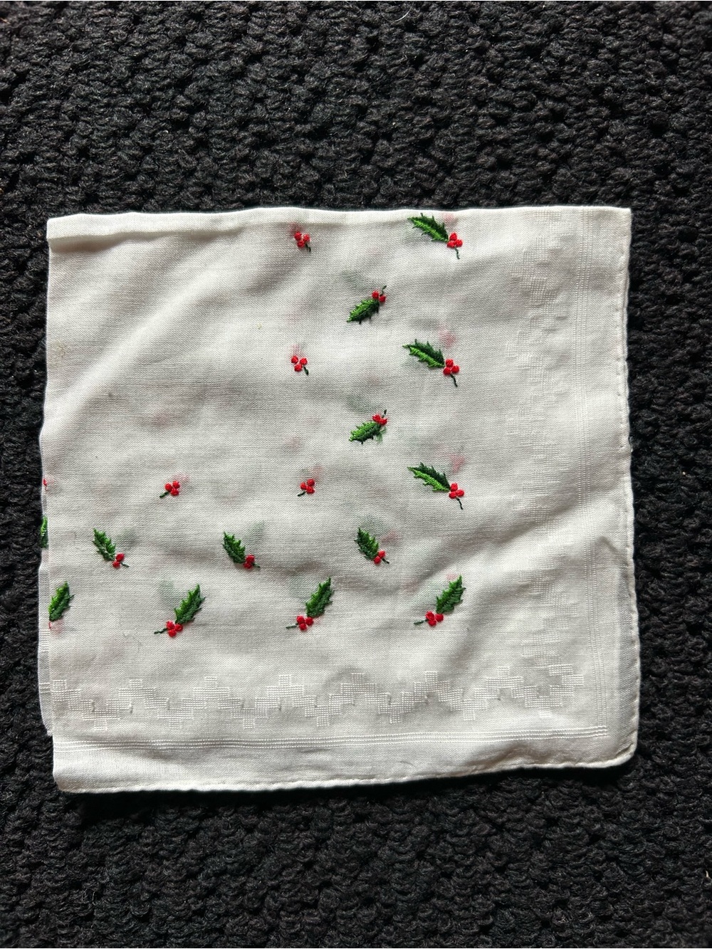 Vintage Embroidered Holly Linen Hanky - White with Green and Red